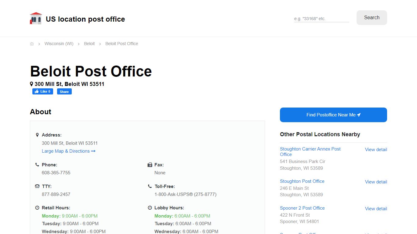 Beloit Post Office, WI 53511 - Hours Phone Service and Location