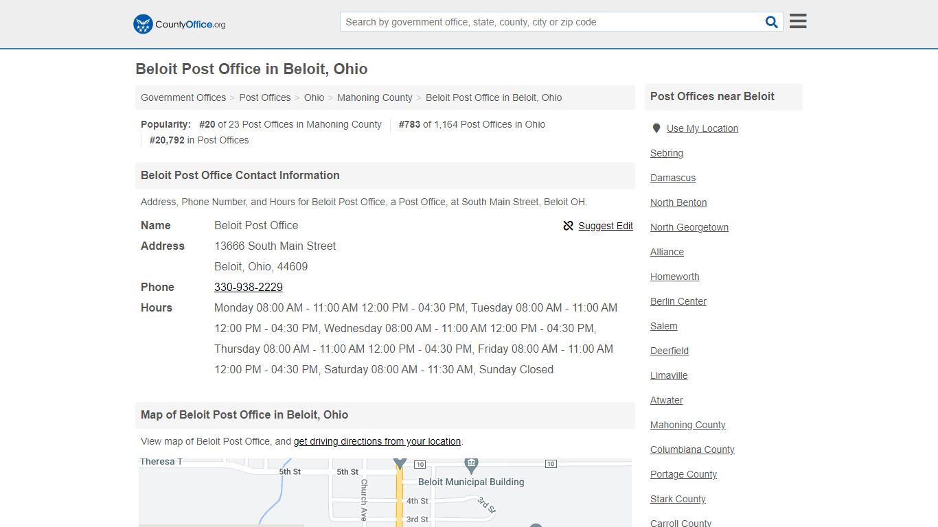 Beloit Post Office - Beloit, OH (Address, Phone, and Hours)