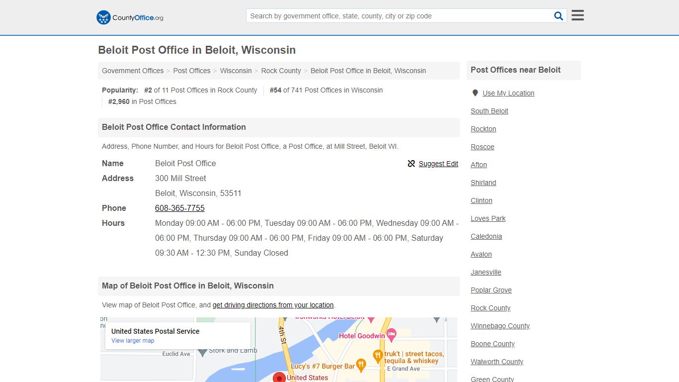 Beloit Post Office - Beloit, WI (Address, Phone, and Hours)